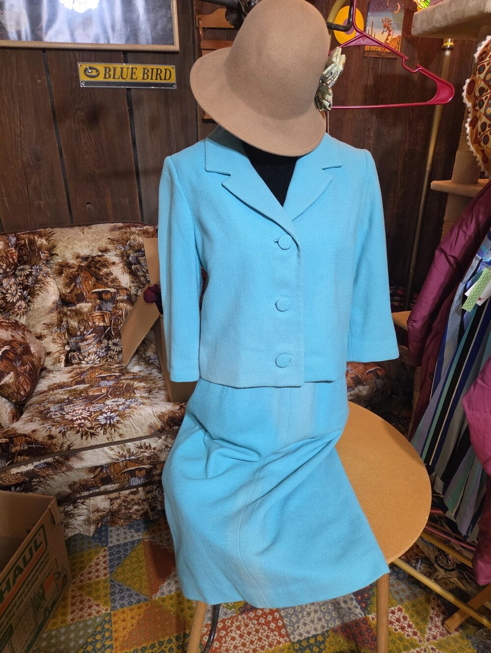 1950s Women's Two-Piece Aqua Skirt Suit
